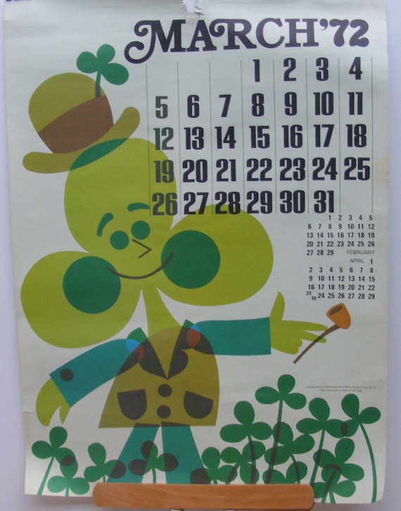 Vintage March 1972 calendar poster by TheFrontHouse on Etsy