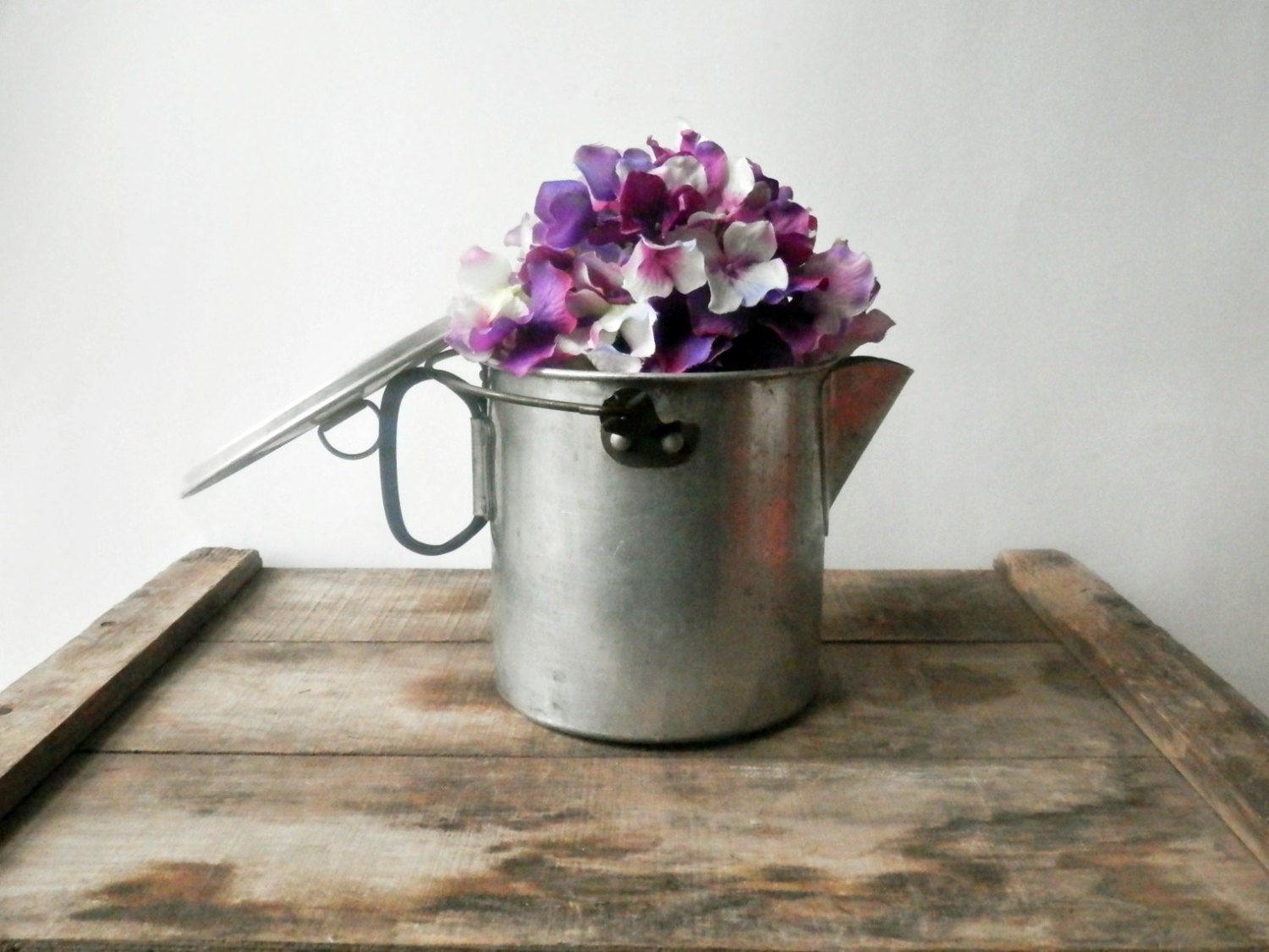 Vintage Tea Kettle, Grease Pot, Rustic Kitchen, Mirro Aluminum Pitcher, Camping, Shabby Chic
