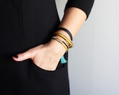 Beaded Tribal Bracelet - Friendship Bracelet - Tassel Bracelet - Double Strand Bracelet - Black Gold Mustard Beaded Bracelet - feltlikepaper
