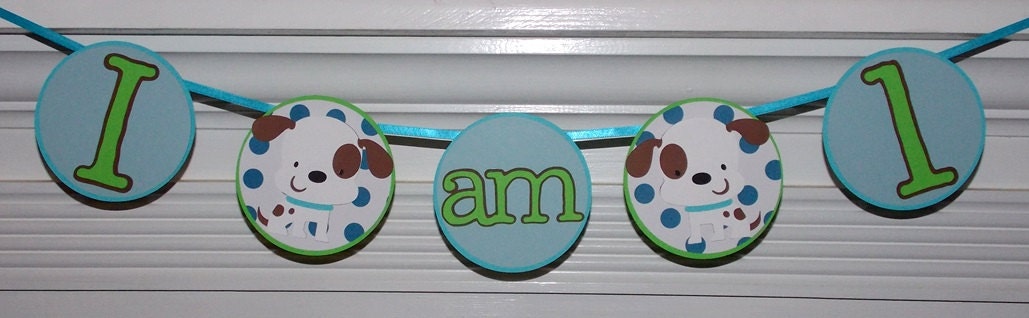 Puppy 1st Birthday High Chair Banner ... includes 2 die cuts ... READY TO SHIP ... Green Turquoise Blue ... adjustable Il_570xn