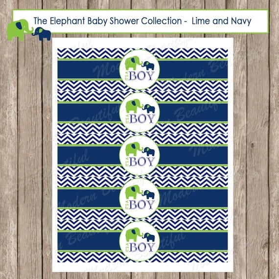 Water Bottle Wraps - Elephant Navy and Lime Green Chevron Baby Shower Water Bottle Label - Bottle Wrap Elephant1 INSTANT DOWNLOAD Il_570xn