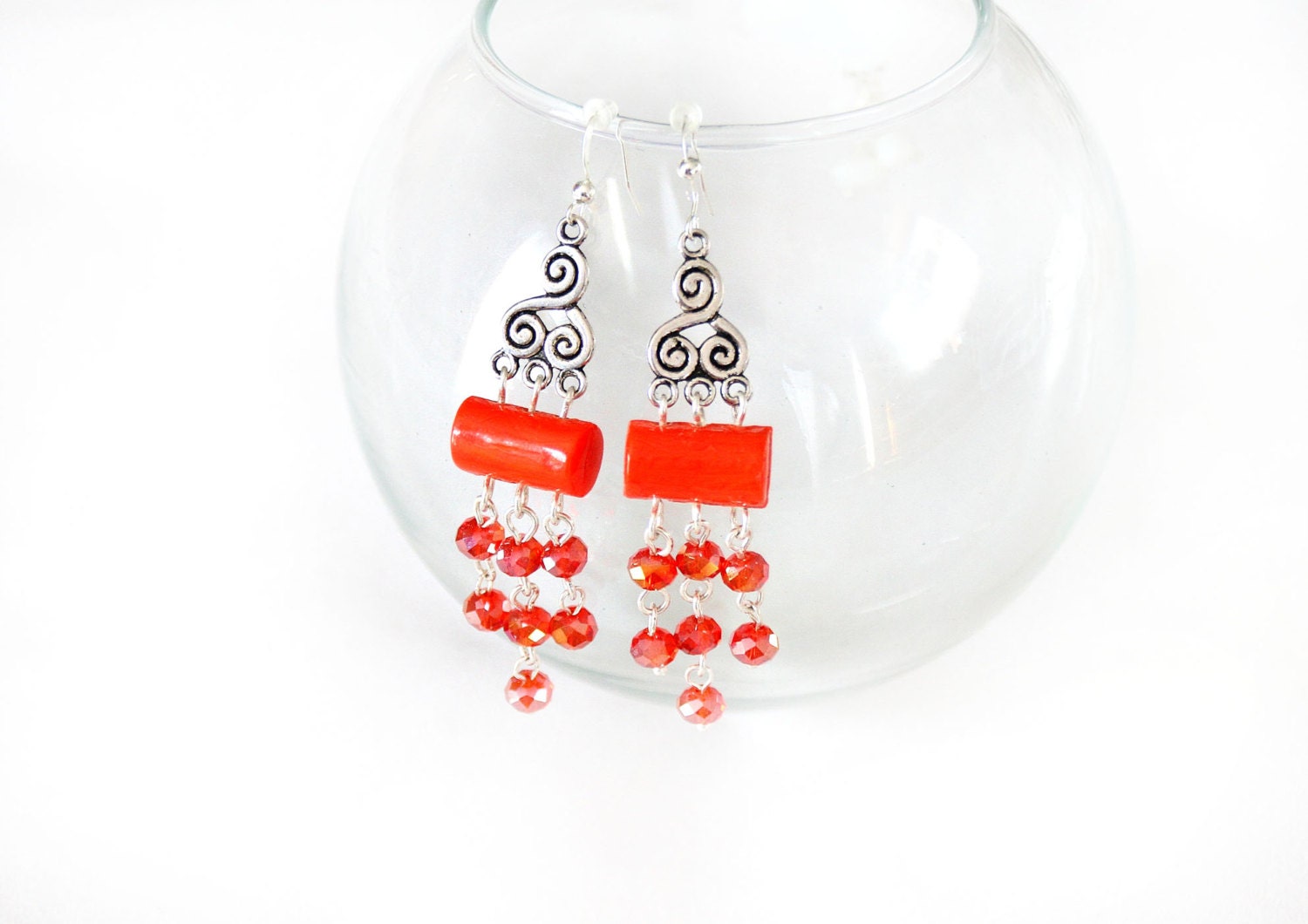 Orange earrings,  long earrings, unique jewelry, Ñ�oral color crystals, elegant  jewelry, Sterling Silver Earrings - Nikita551