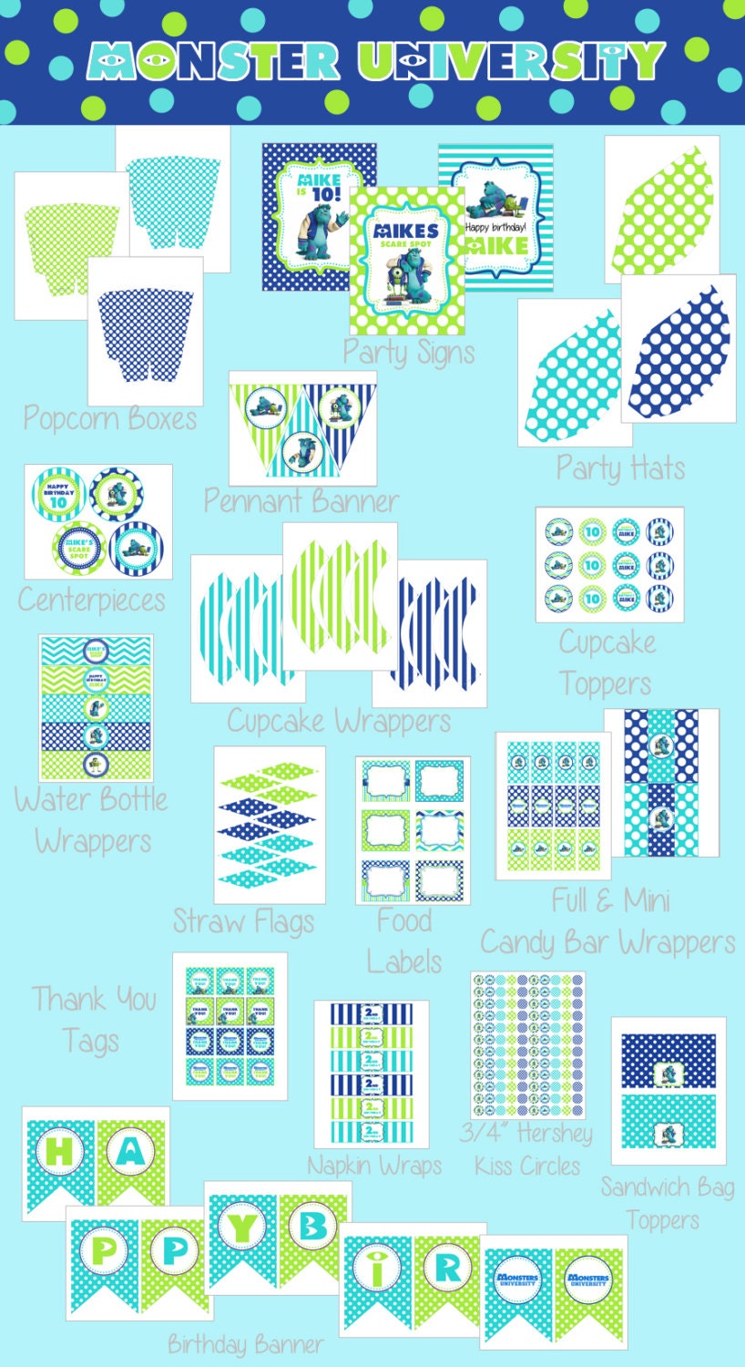 Diy Monster University Inspired Kids Birthday Party Digtial PRINTABLE Party Package Il_570xn