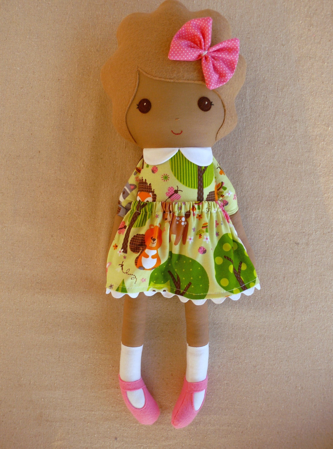 Reserved for Laura - Fabric Doll Rag Doll Girl in Green Forest Animal Print Dress