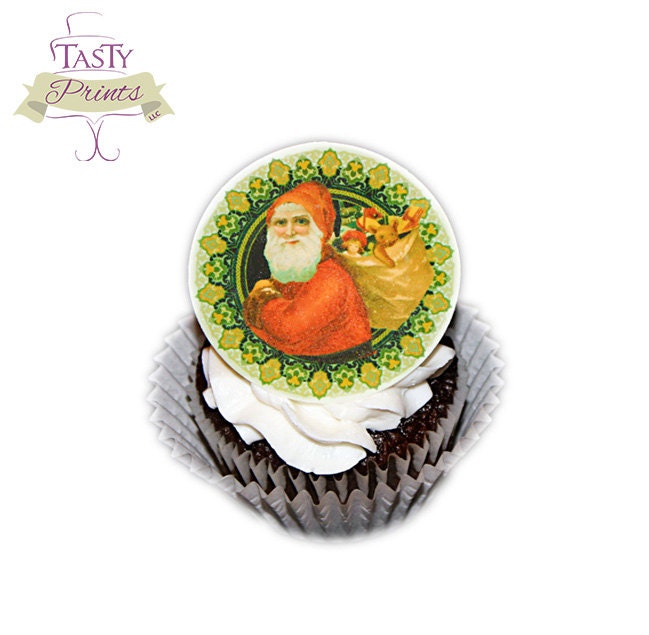 12 Christmas Edible Prints - Vintage Santa Toy Bag cupcake decoration - Cookie Topper - Holiday baking Il_570xn