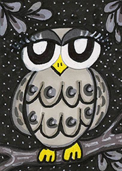 Funny Owl Print, Grey Owl Art, Whimsical Owl, Owl Wall Decor, Kids Wall Art 8 x 10 by Paula DiLeo - AGirlAnOwlAndACat