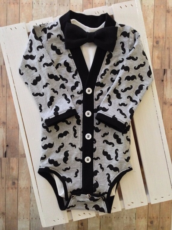Baby Cardigan with Bow Tie Gray and Black Mustaches (Long Sleeve) with Interchangeable Tie