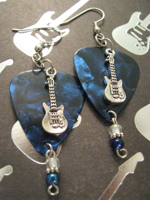 GUITAR PICK EARRINGS - Dark Blue with Guitar Charm and Bead Accents - Rock Star - ZivaKreations
