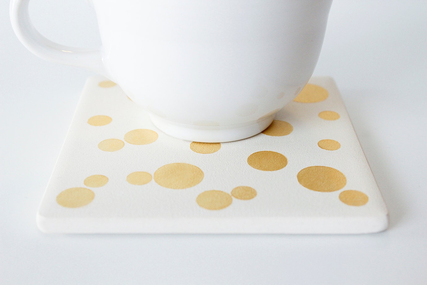 Gold Dotted Coasters Hand Painted White and Gold Ceramic Tile Coasters - Set of 4 Coasters - theCoastal
