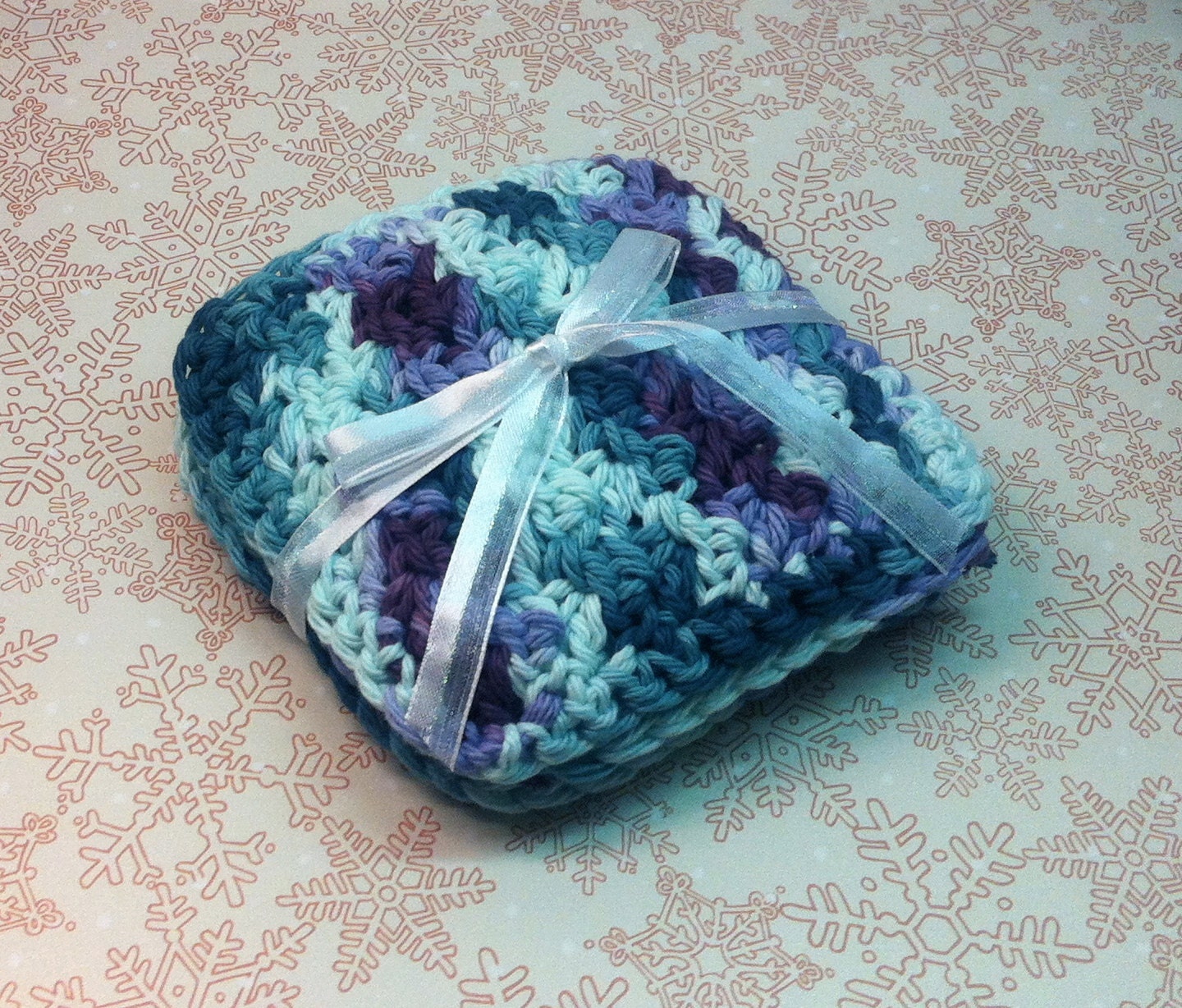 Set of 4 Crochet Coasters, Square Coaster Set, Purple and Teal Variegated, Ready to Ship - KathysYarnCreations