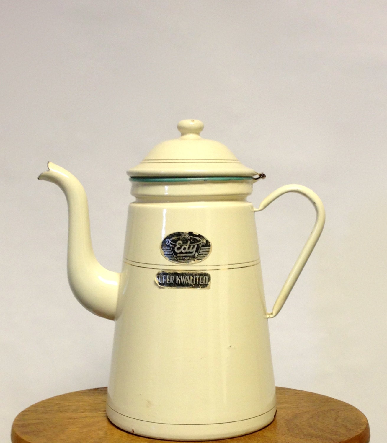 Cream Enamel Coffee Pot, Rustic Home Decor, Vintage Coffee Pot - TheHayLoftAntiques