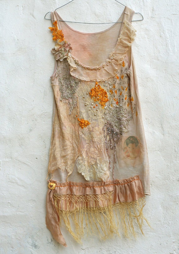 ON HOLD--honeysuckle-- romantic top or tunic, pale peach, yellow and cream, bohemian, textile collage wearable art