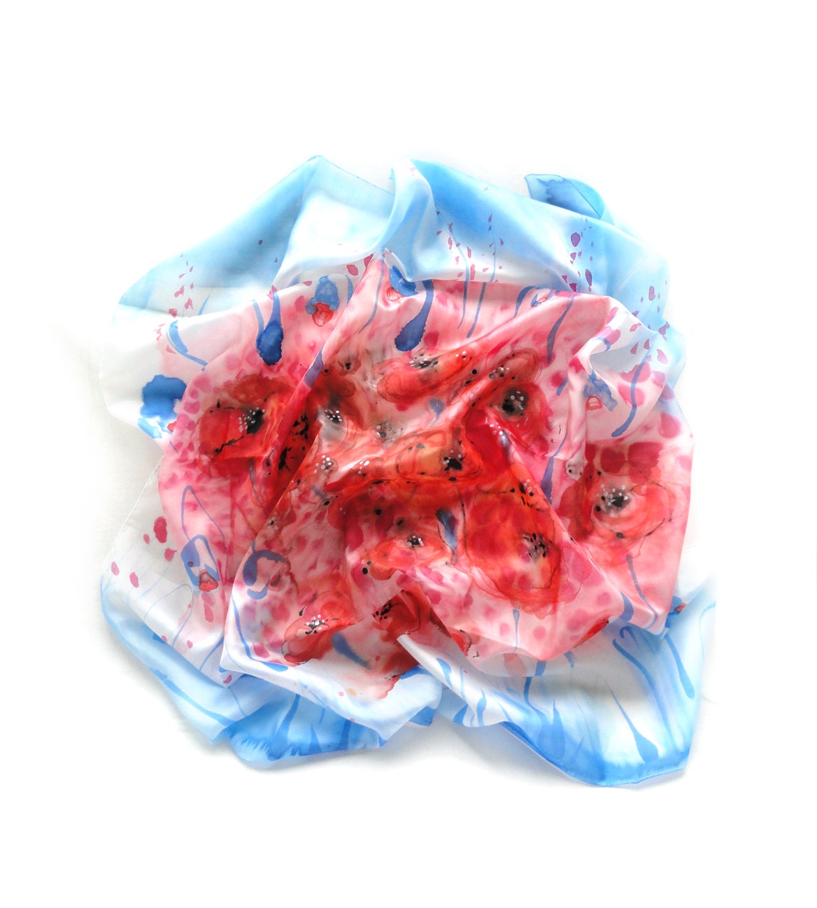 Red Poppies Scarf. Hand Painted Shawl. Square Silk Scarf. Red Blue Shawl. Red Floral Wrap. Gift for Her. 35x35in. (90x90cm). Ready to Ship.