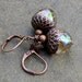 Acorn Earrings with Tiny Leaf Charms, Latte Mystic Glass on Antique Copper Leverback Earwires... Golden Nuts