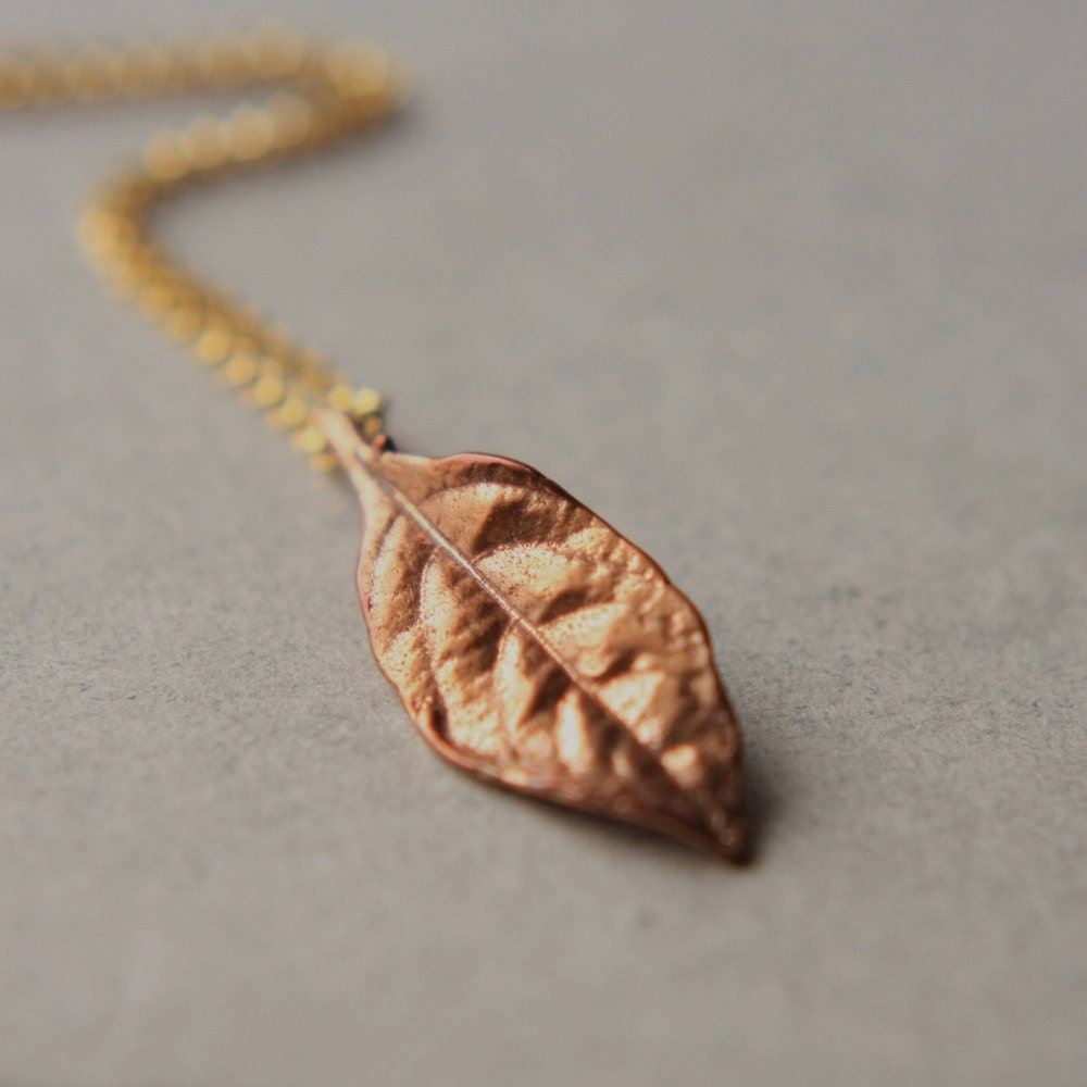 Bronze Leaf Necklace, Bronze Leaf Necklace Gold-Filled Chain Necklace Autumn Nature