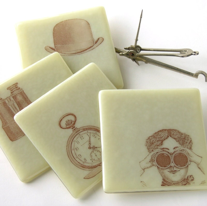 Steampunk . Gothic . Fused Glass Coasters . Bowler Hat . Sepia . Ivory Colored . Timepiece - nanettebevan
