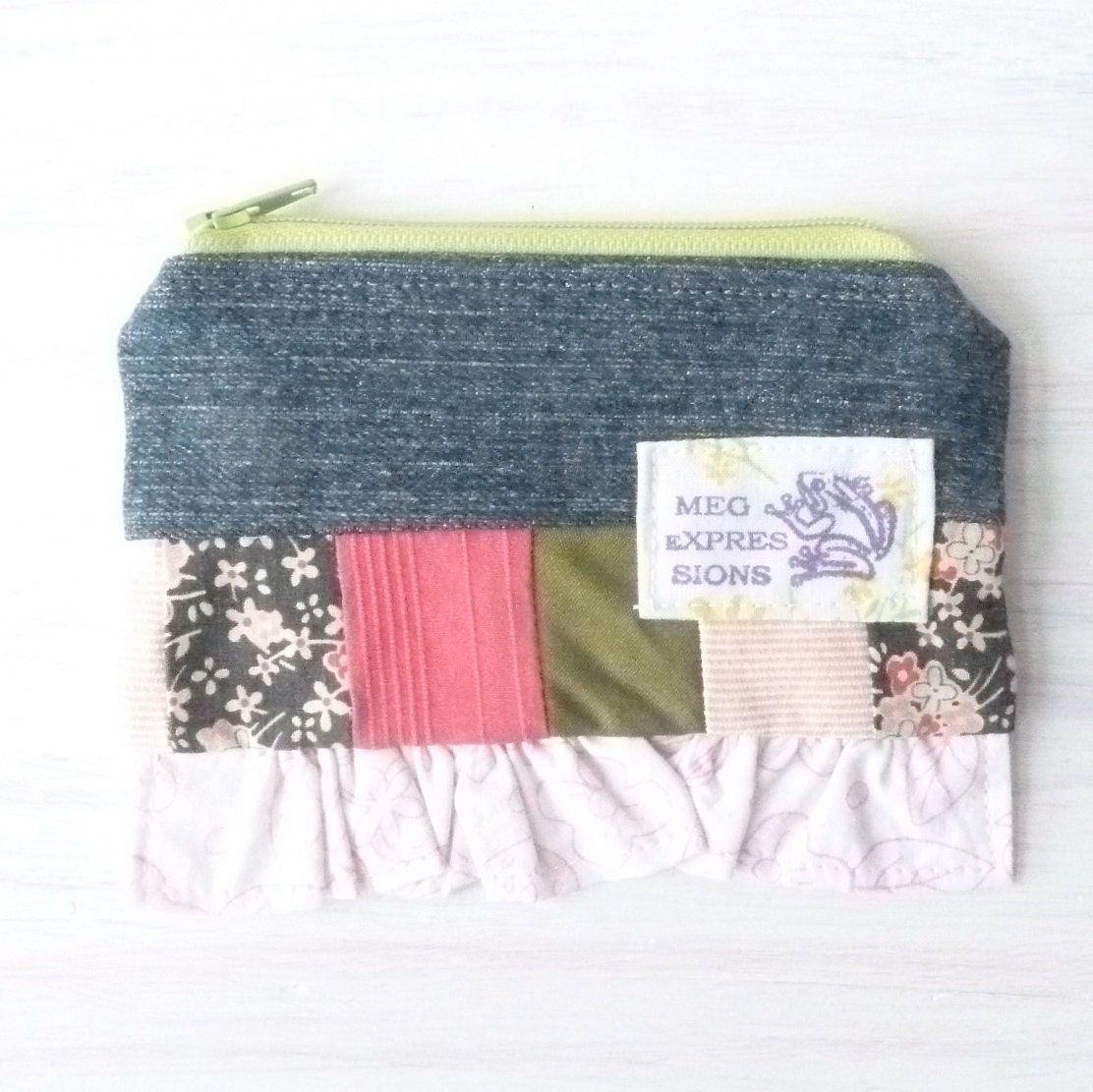 Denim Patchwork Zipper Pouch - Gifts Under 5 - Cotton Card Pouch - Vegan Teen Girl Gift Ideas - Womens Change Purse