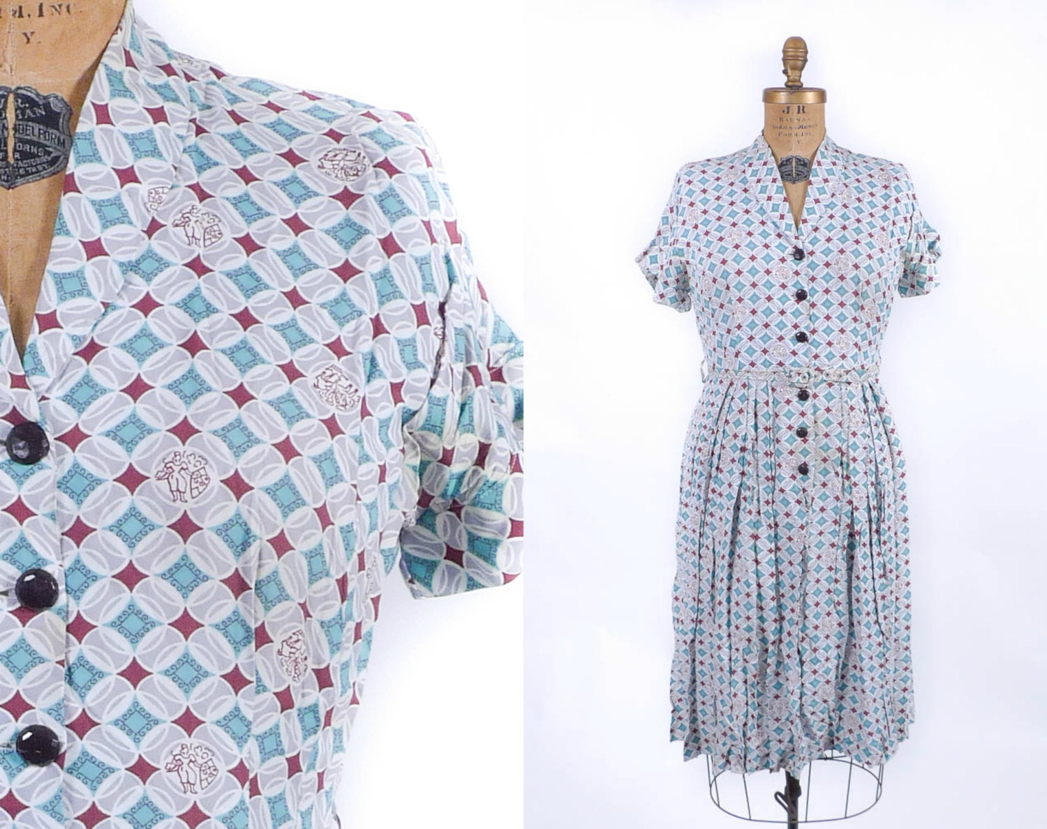 ON SALE: Vintage 1950's Dress - The Queen of Diamonds Patterned Rayon Dress - sz L