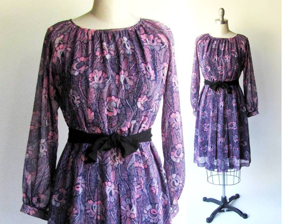 SALE. Purple Dress / Vintage 1970s Secretary Dress / Floaty Chiffon with Gathered Neckline and Long Sleeves / Day Dress / Petite - pintuckstyle
