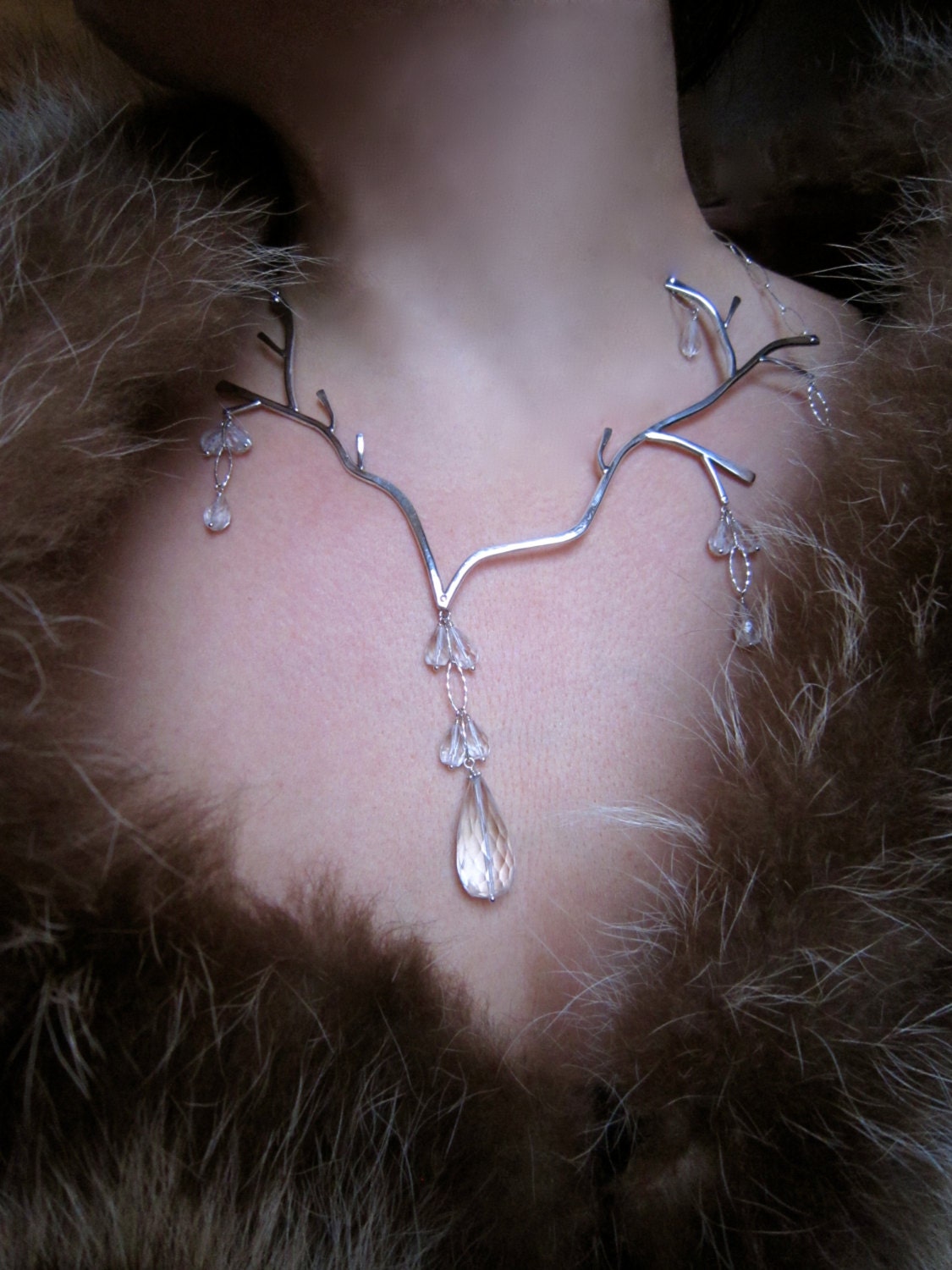 Winter wonderland - Icy branches statement necklace in sterling silver and natural quartz crystal - noracatherine