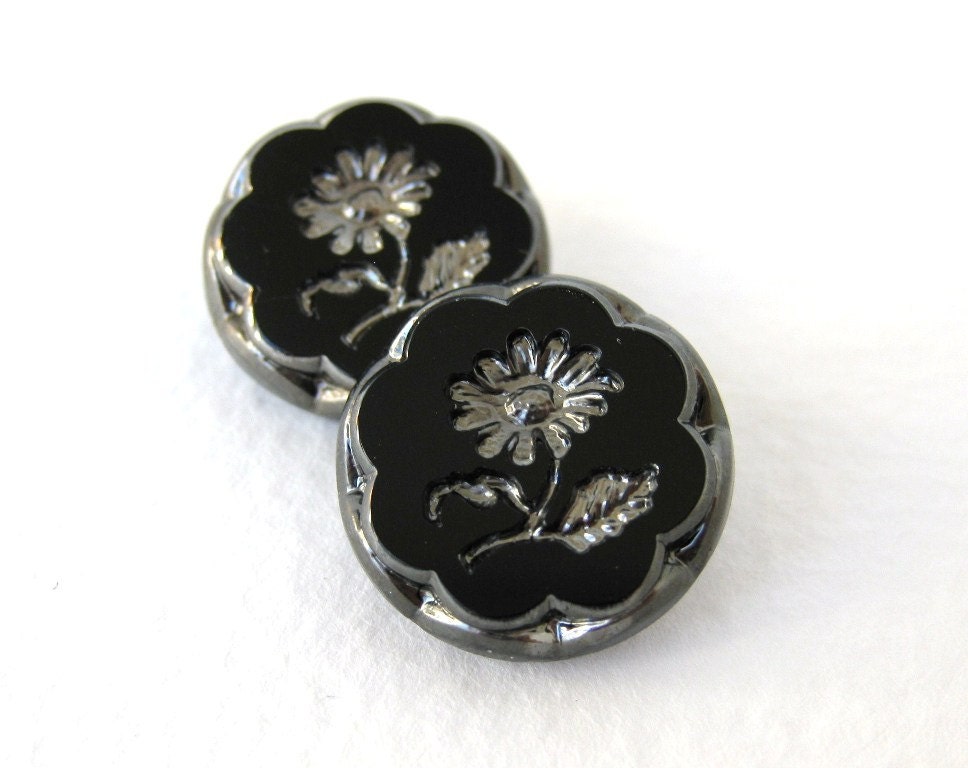 Vintage Flower Buttons Glass Silver Black Intaglio Czech 18mm but0195 (2) - BumbershootSupplies