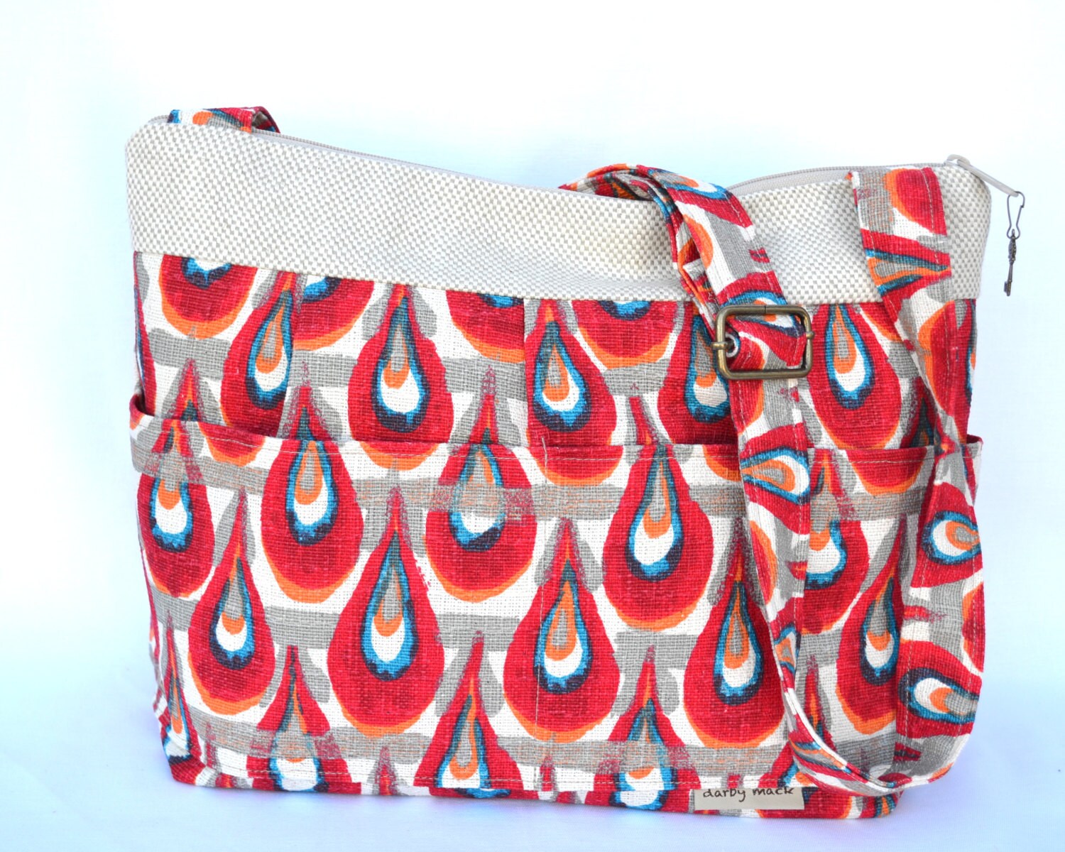 Camera Bag SLR, camera gear with zipper top, cross body strap, use as, purse, market bag, shopper tote, Red Peacock by Darby Mack