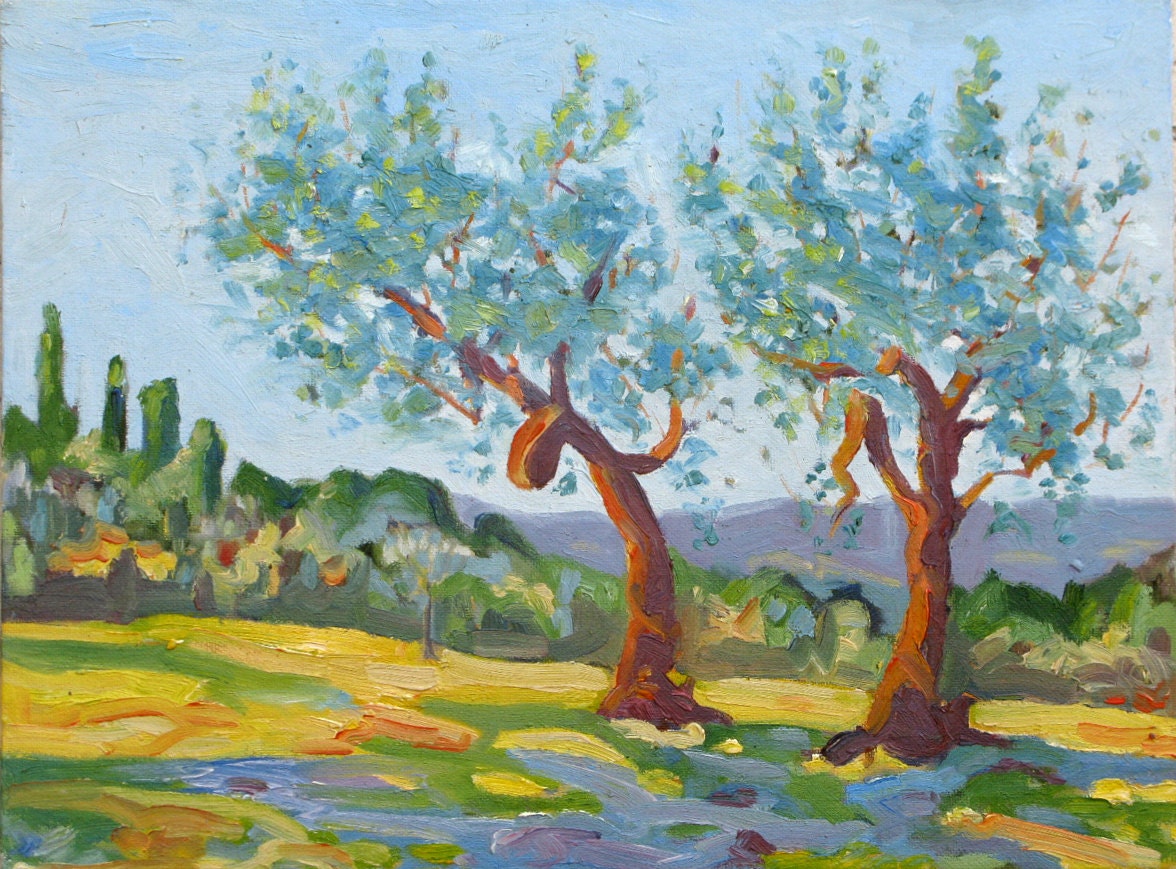 Arezzo Olive Trees an original 12 x 16 oil painting on canvas board by Yvonne Wagner. Italy. Italian. Olives. Conversation.