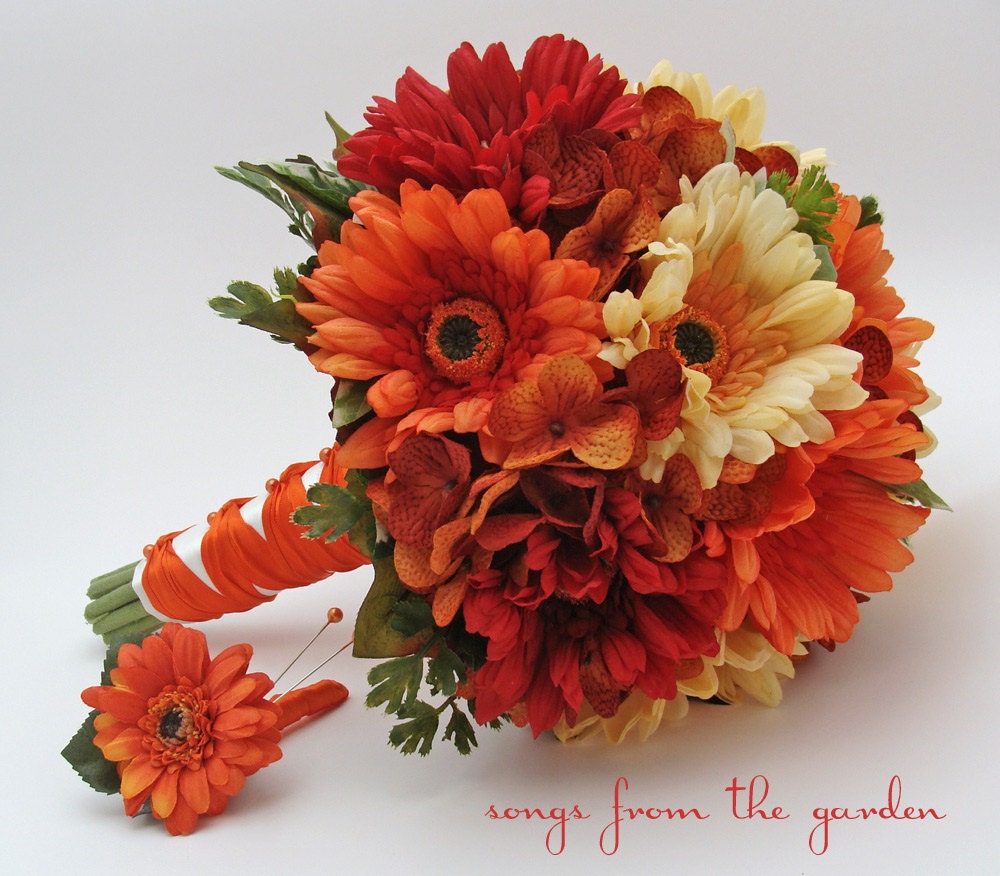 Autumn Wedding Bridal Bouquet Real Touch Gerber Daisies Silk Hydrangea Groom's Boutonniere Orange Red Yellow Fall Color Bridal Bouquet - SongsFromTheGarden