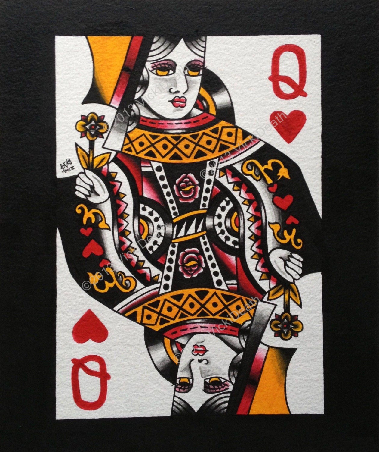 Queen Of Hearts Original Tattoo Painting by vickideath on Etsy