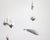 Narwhal Mobile- modern fabric sculpture for nautical ocean baby nursery decor in white linen, silver faux leather, gray cotton - BabyJivesCo