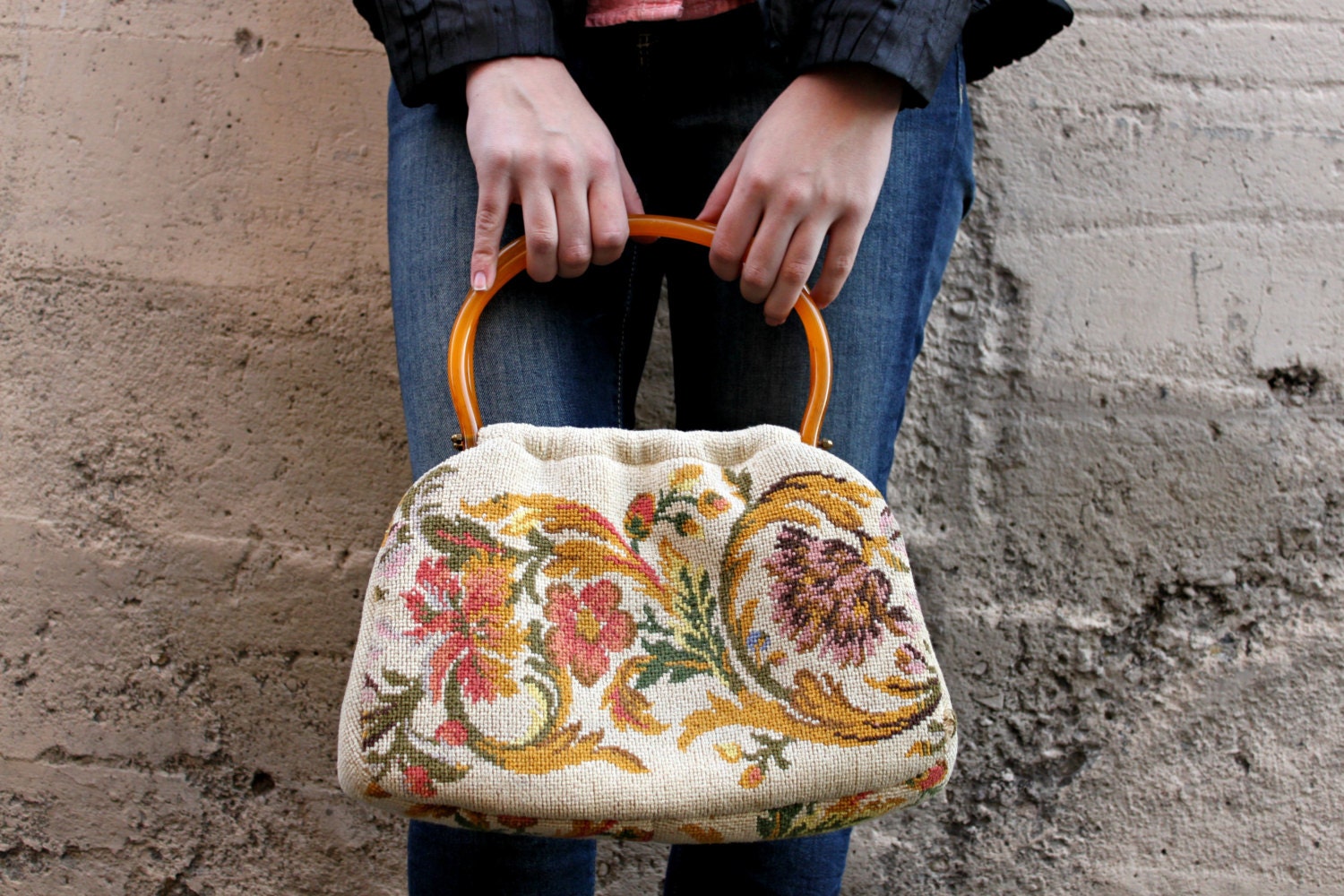 vintage needlepoint bag ** carpet bag, satchel amber toned Lucite handles, cosmetic purse, travel bag, women's gifts bohemian Gypsy Prairie - Junipercreek