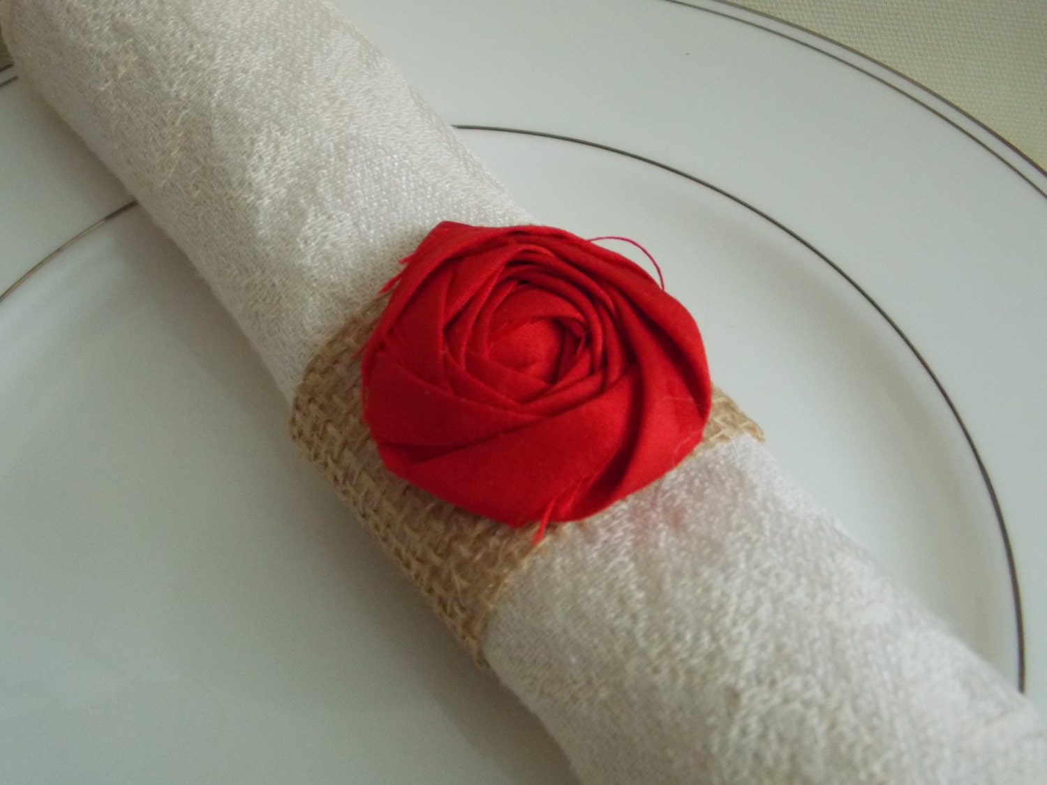 Napkin Rings Burlap and Red Silk Flower by bellerosedesigns