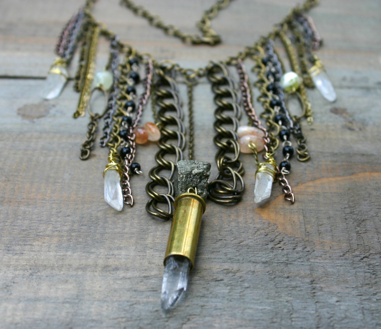 Layered Chain, Crystal Bullet and Stone Fringe Bib Statement Necklace - xVELVETx