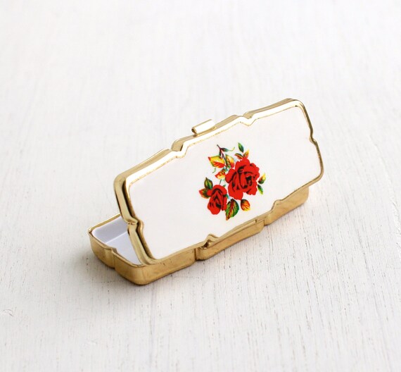Vintage Pill Box Gold Tone Ceramic Floral Retro by MaejeanVintage