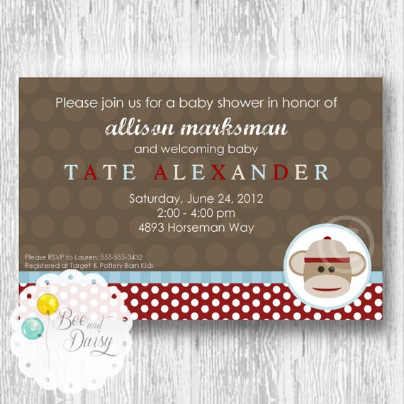 Sock Monkey Invitation for Birthday Party or Baby Shower - Boys DIY Printable Invite by BeeAndDaisy Il_570xn