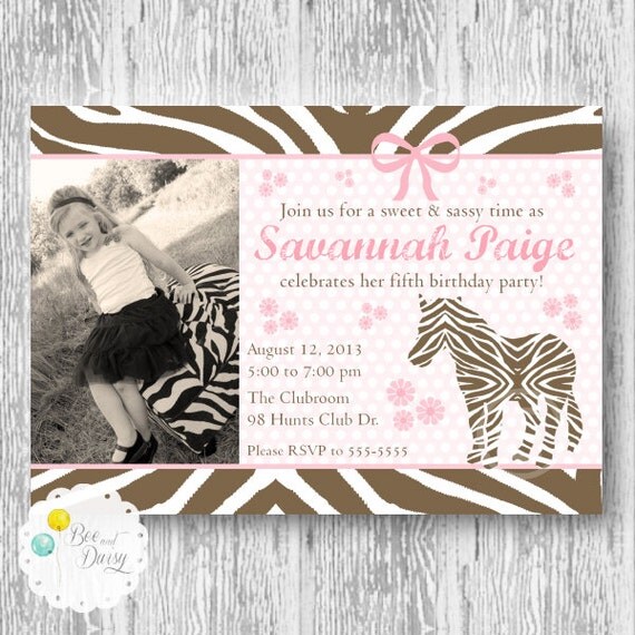 Zebra Invitation for Birthday Party or Baby Shower - Girls Brown and Pink DIY Printable Photo Invite by BeeAndDaisy Il_570xn