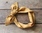 gold and white polka dot headscarf / boho / tie up headband / adjustable / summer fall fashion / knotted headband / stocking stuffer - SassyStitchesbyLori