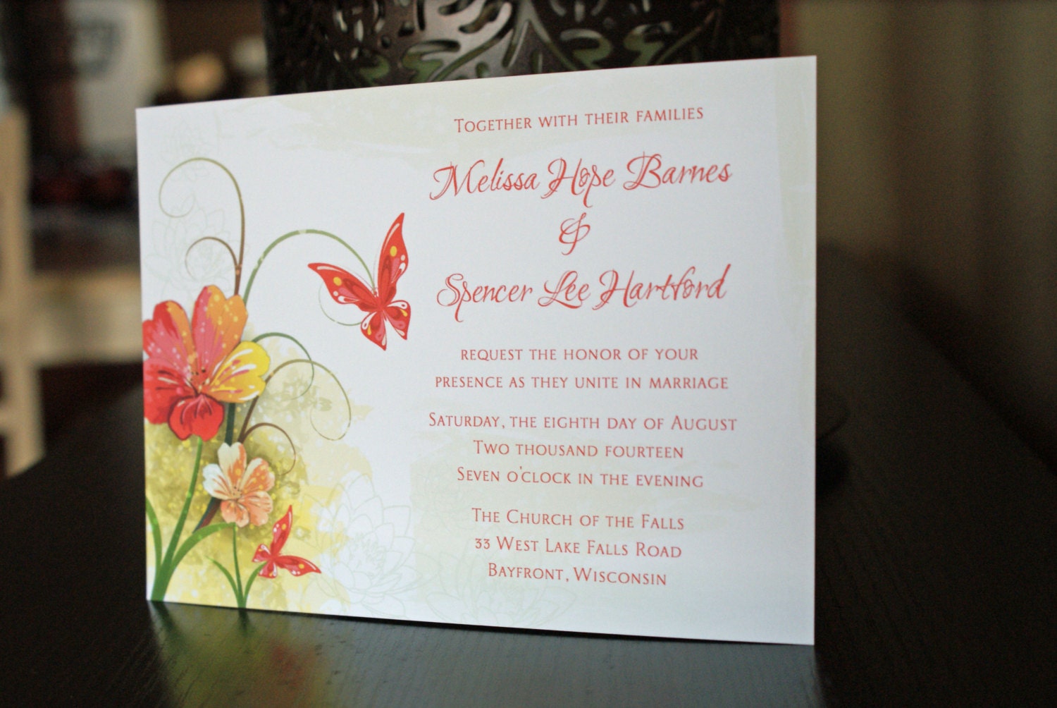 Printed Red and Green Floral Butterfly Wedding Invitation and RSVP Card - Digital Version Available Il_570xn