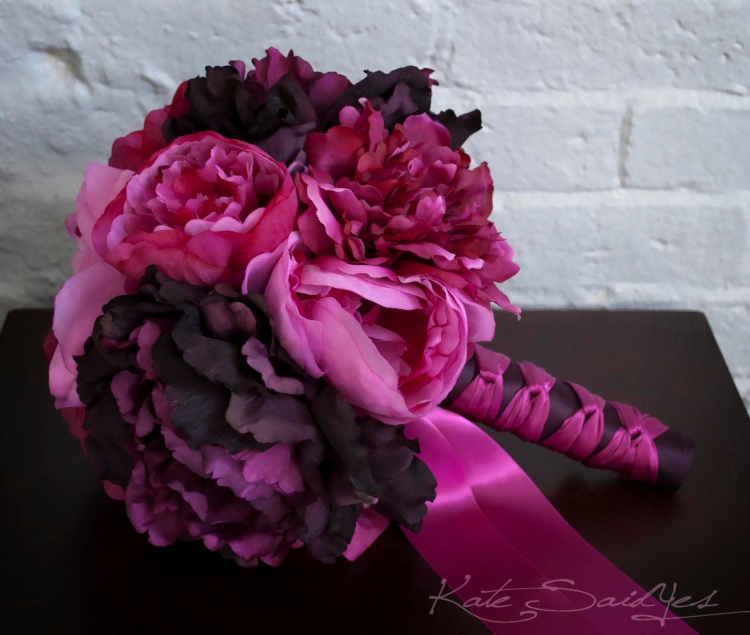 Fuchsia and Purple Peony Bouquet - Silk Wedding Bouquet - Ready To Ship