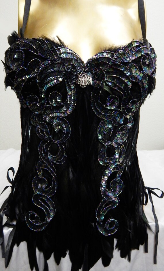 Items similar to Purple Peacock Beaded Black Feather Corset Medium 34B