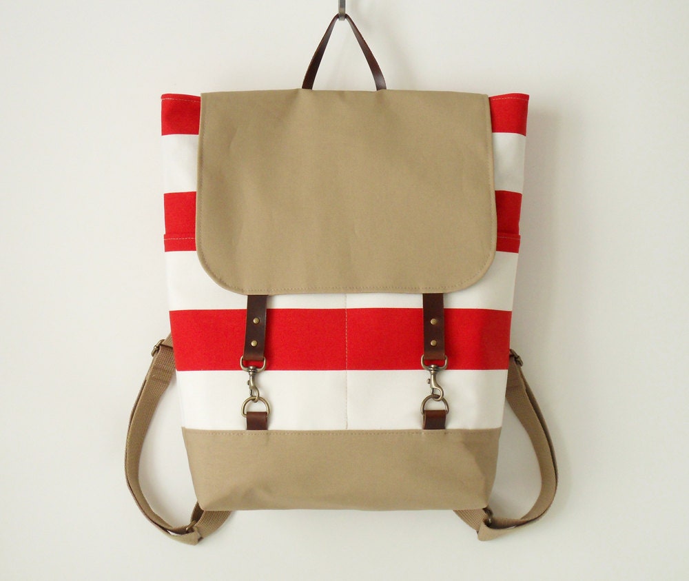 Red stripe canvas backpack, laptop backpack, school bag with leather closures, 2 front pockets, Design by BagyBags - BagyBags