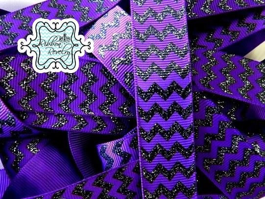 Black sparkly chevron printed on purple grosgrain ribbon- Gorgeous in person- Halloween 3/8" width Il_570xn