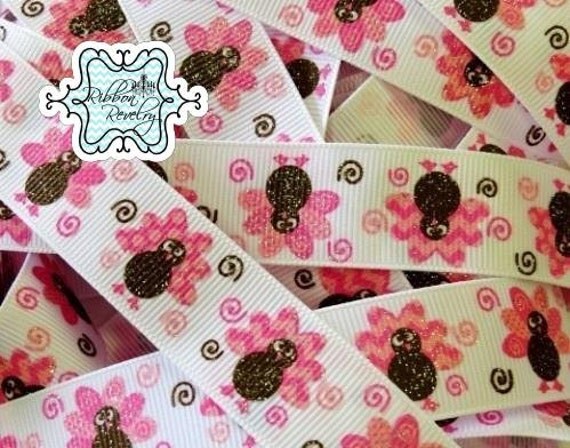 Happy Harvest pink Glitter turkeys on 7/8" grosgrain ribbon THANKSGIVING Fall Autumn Glitter TURKEYS Il_570xn