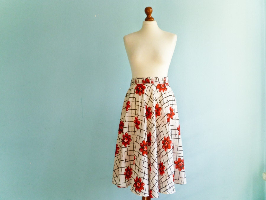 Vintage floral full circle skirt / red flowers on white black stripes / high waisted / midi length skirt / small medium - moonandsoda