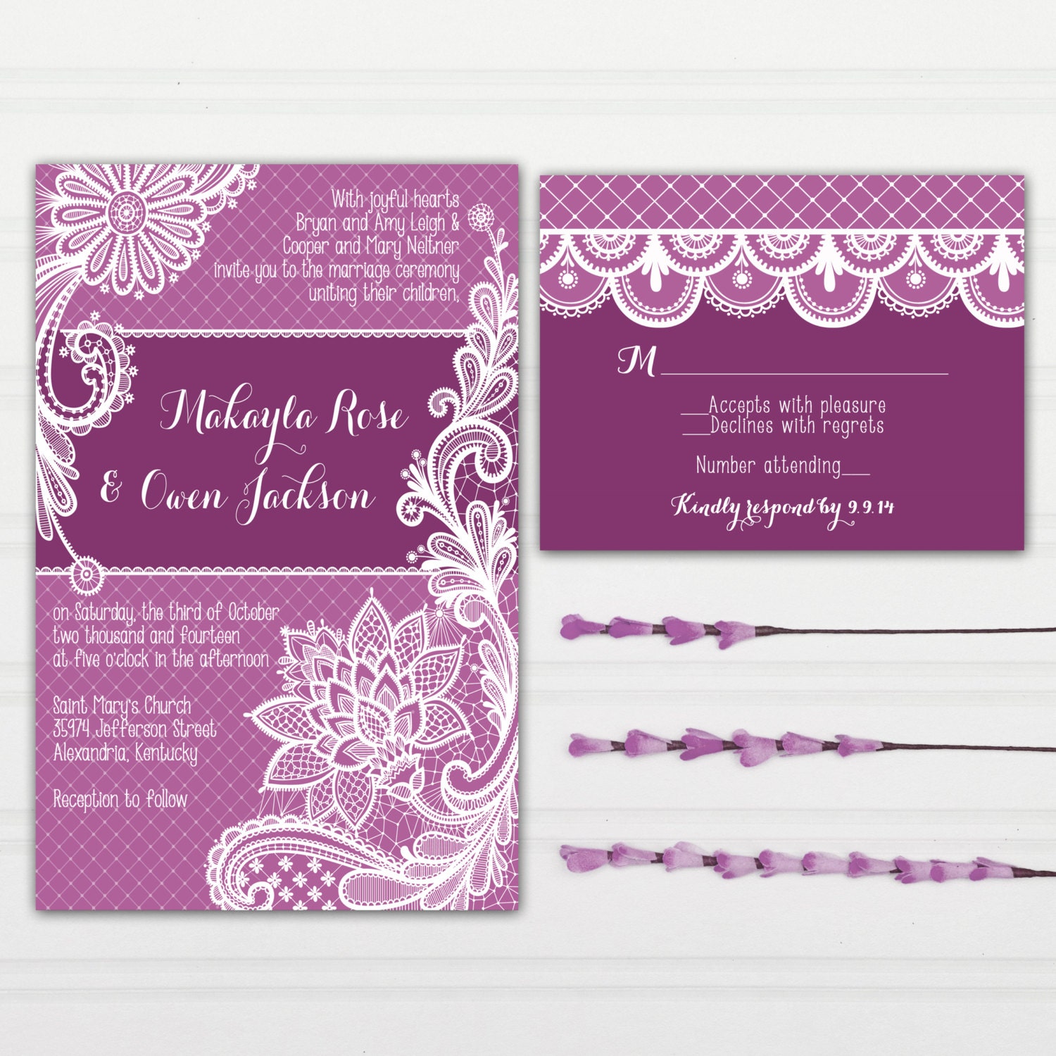 Purple Lace Wedding Invitations - Radiant Orchid - with RSVP cards and address labels - Custom Wedding Invites - InvitingMoments