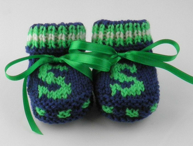 Knit Baby Booties Seattle Seahawks Baby Boy Shower Gift Handknit Newborn Baby Shoes NFL Design - BabywearbyBabs