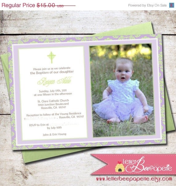ON SALE Modern Damask Girl's Photo Baptism / Christening Invitation - Choose Your Colors - DIY Printable Invite - First Communion, Confirma Il_570xn