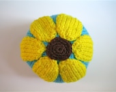 Girl's Knit hat with SUNFLOWER Top, Size 1 year - 3 years Aqua Large Flower, Eye-catching, Cool Weather - LittleKnitsStudio