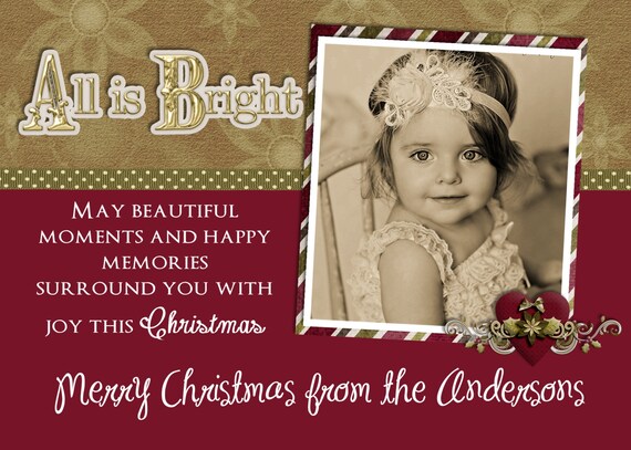 Vintage Christmas Photo Card - Merry Christmas - All Is Bright - Custom Printable File Il_570xn