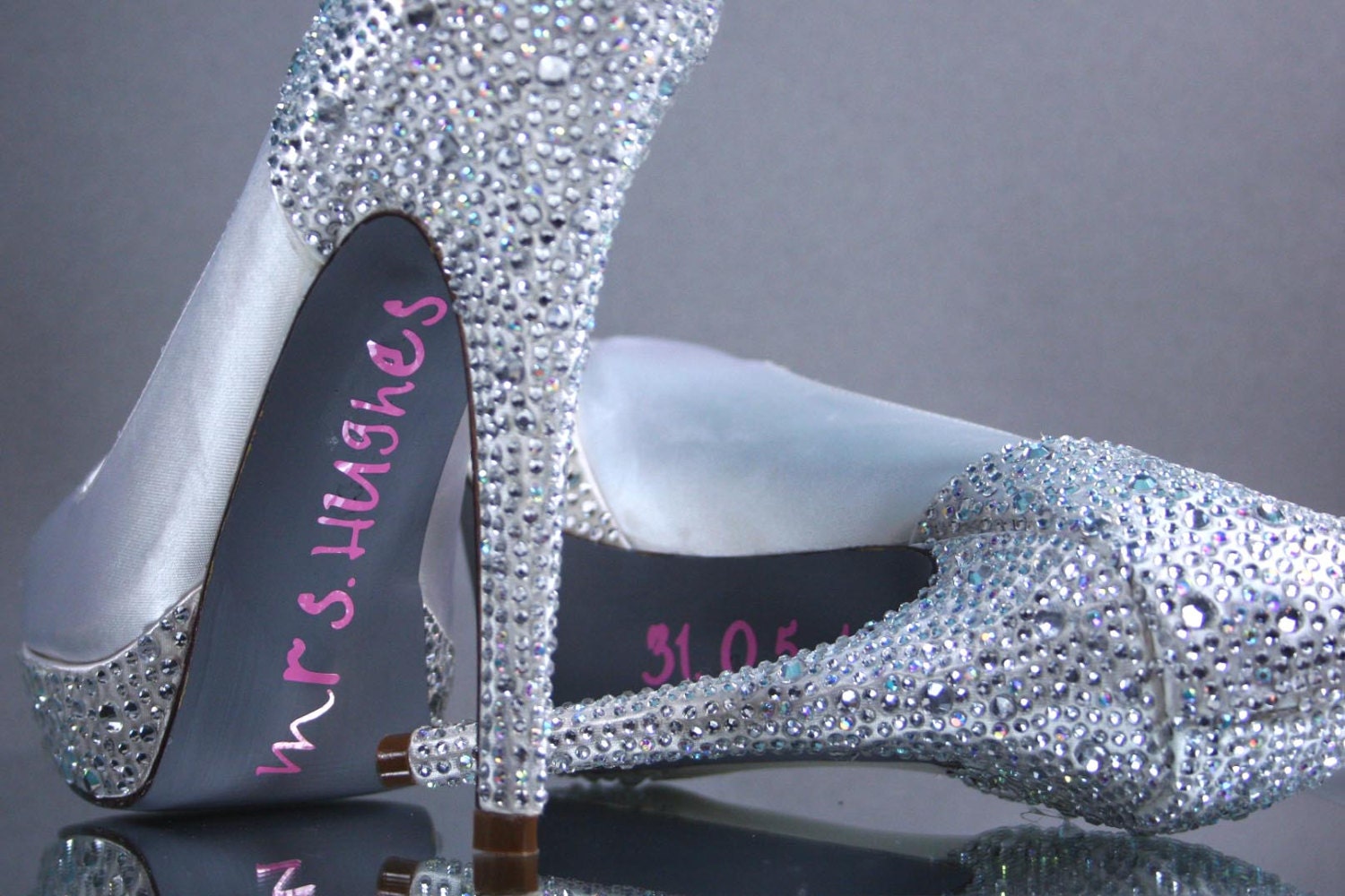 Wedding Shoes -- Ivory Platform Peep Toe Wedding Shoes with Rhinestone Heel & Platform, Gray Painted Sole and Pink Save the Date